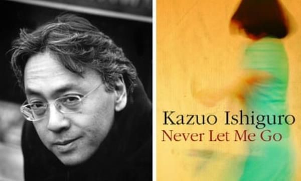 A picture of Kazuo Ishiguro next to a shot of the cover of his 2005 novel Never Let Me Go.