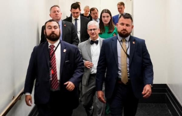 Speaker of the House Pro Tempore Patrick McHenry departs after his fellow Republicans abandoned a backup plan to allow the leaderless chamber to resume business with McHenry remaining in his position until January, at the U.S. Capitol in Washington on Oct. 19.