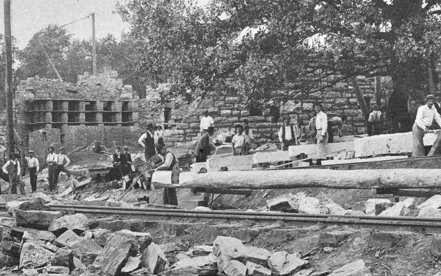 An old photograph of the rail line is clearly visible in this Sept. 21, 1896, photo of the construction of Old Cabell Hall.